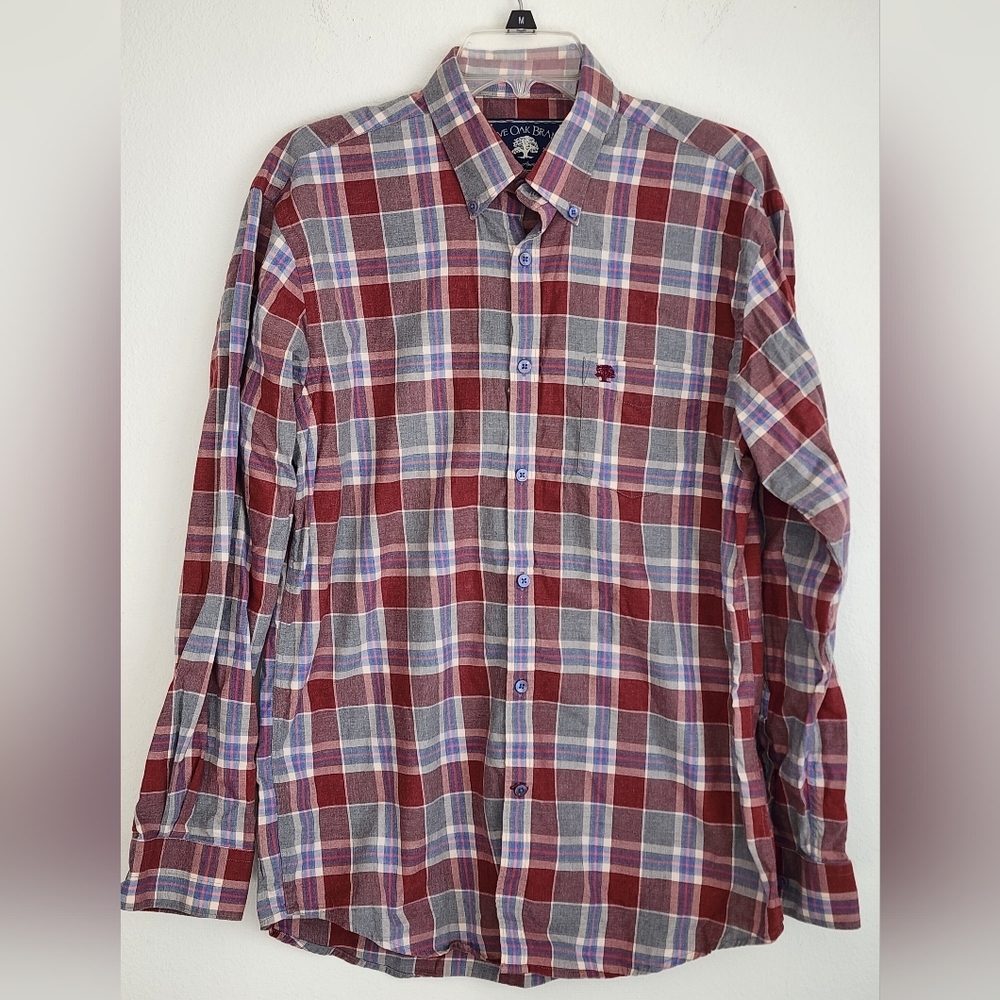 Live Oak Brand Men's Long Sleeve Button-front Maroon, Blue & Gray Pocket Shirt.